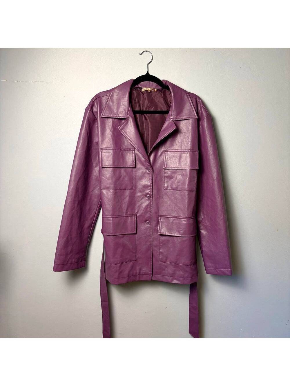 purple faux leather belted trench coat, M